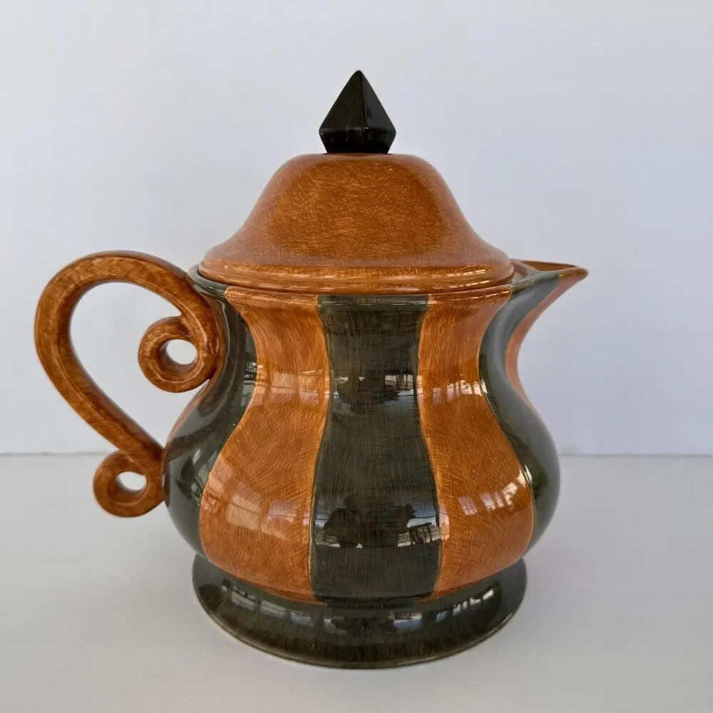 2002 Demdaco Teapot by Artist Deb Hrabik-Camel/Green Stripes 9 x 9 3/4 x 7 1/4